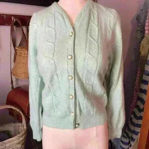 Vintage Pastel Mint Wool & Angora Cable Cardigan